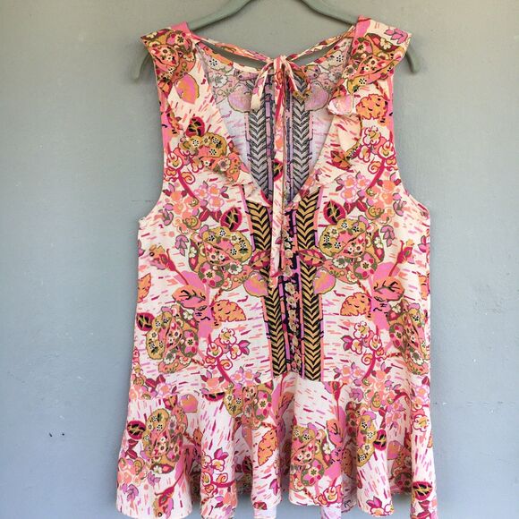Free People Linen Tunic Top M Floral Ruffle Sleeve Talum Boho Chic Festival - Picture 3 of 16